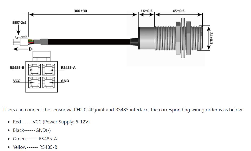 Sơ đồ chân của cảm biến siêu âm URM08-RS485